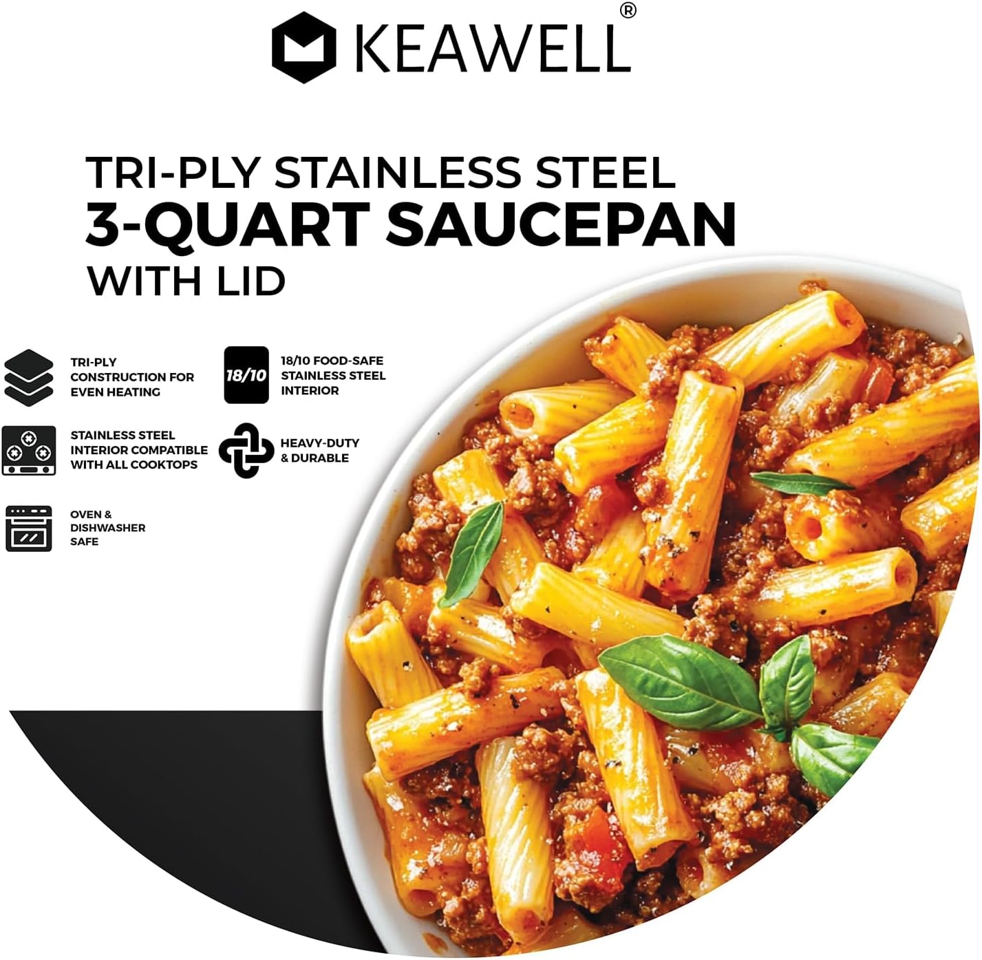 KEAWELL K3 Premium 3-Quart Tri-Ply Stainless Steel Saucepan with Lid, Induction & Oven Safe up to 600°F, Even Heating, Professional Cookware for All Stovetops (3-Qt)