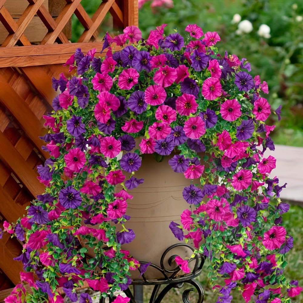 Jasion 4 Bundles Artificial Hanging Flowers Outdoor Realistic Morning Glory Silk Fake Plants UV Resistant for Porch Balcony Fence Decor (Purple&Rose Pink)