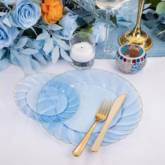 YOUBET 125PCS Clear Blue Gold Plastic Plates - Blue Disposable Plates With Gold Rim Include 25 Dinner Plates 25 Dessert Plates 75 Golden Silverwares for Wedding Birthday & Parties