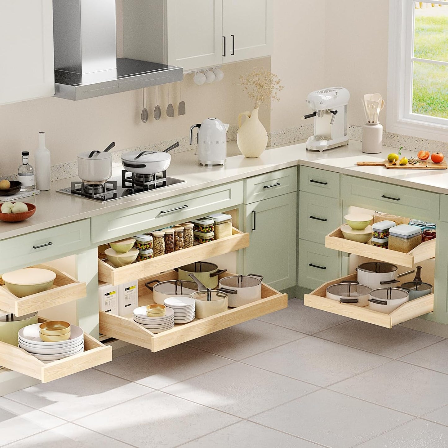 ROOMTEC Pull Out Cabinet Organizer 28-1/2" W x 21" D, Pull Out Cabinet Drawer for Kitchen cabinets with Soft Close, Pull Out Cabinet Shelf, Finished, Bottom Assembly, 2PCS