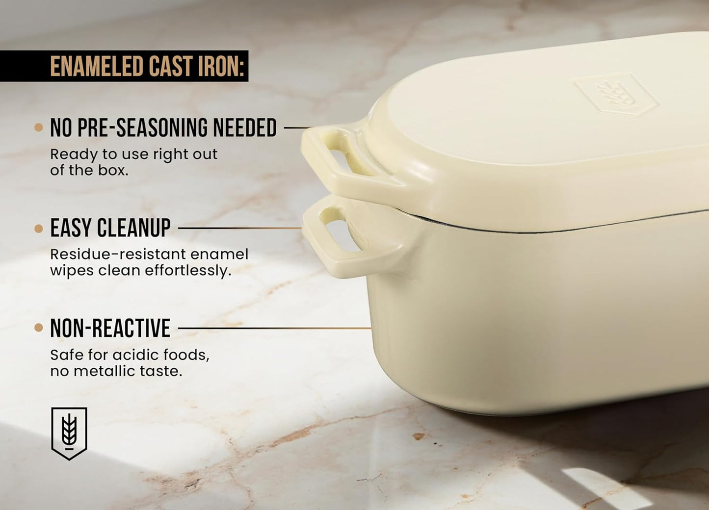 KooK Dutch Oven, for Bread Baking, Sourdough Loaf Pan, with Lid, Dual Handles, Enameled Cast Iron, includes Lid Lever, Dishwasher Safe, 3.4 Qt, Ivory