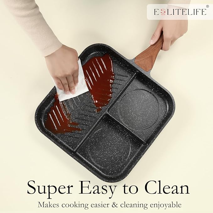 ESLITE LIFE 11 Inch Nonstick Divided Grill Pan with Lid for Indoor Cooking, Versatile 3-In-1 Induction Large Breakfast Pan for Stove Tops, PTFE & PFOA Free, Black