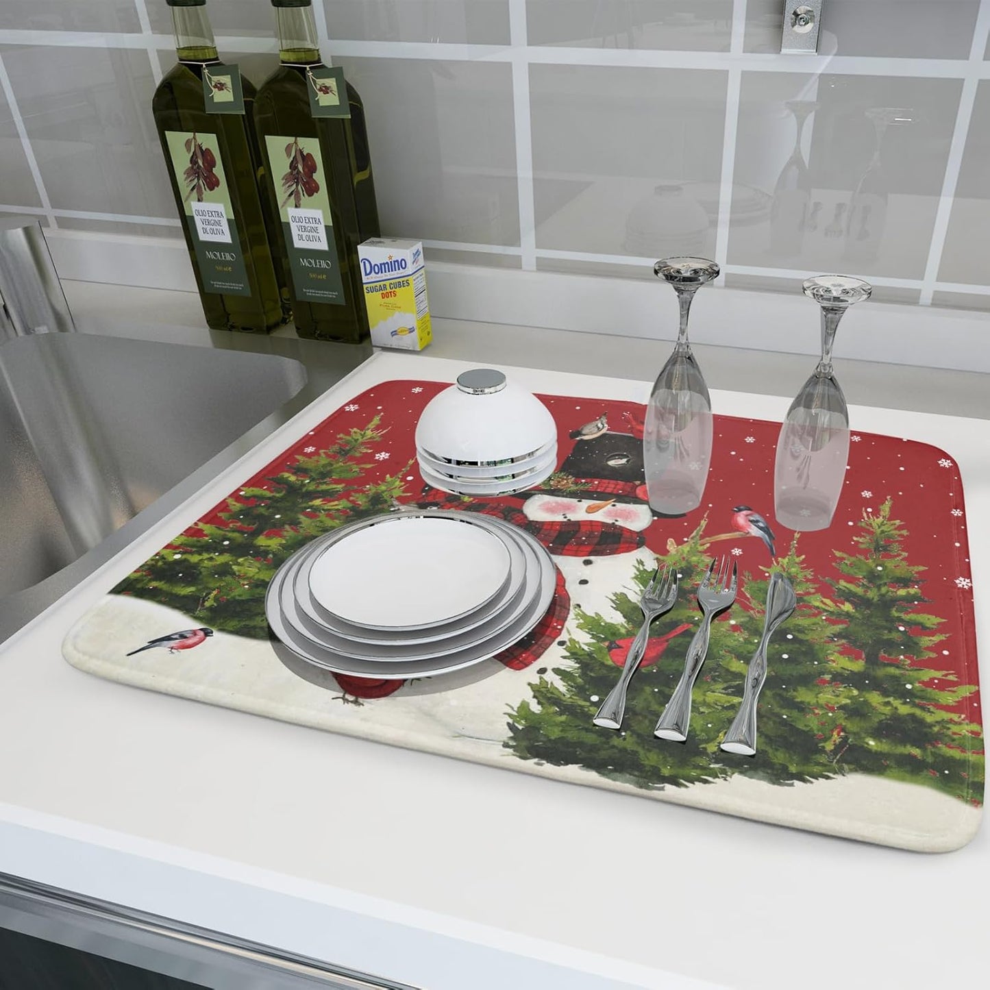 Christmas Tree Snowman Dish Drying Mats for Kitchen Counter 18×24 Inch Bird Snowflake Large Microfiber Drying Mat Kitchen Accessories Dish Rack Mat Drainer Pad Washable Absorbent