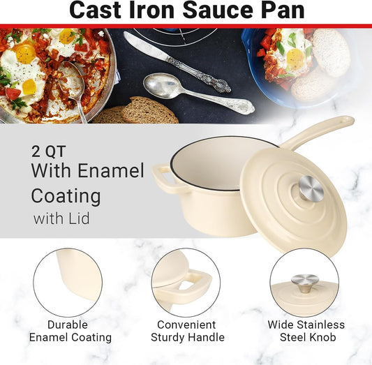 Enameled Cast Iron Sauce Pan, 2 Quarts Round Sauce Pot with Lid, Mini Dutch Oven Enamel Saucepan for Cooking Pasta Sauce, Marinate, Cook, Refrigerate and Serve, Cream White
