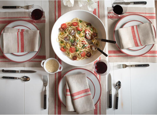 Solino Home Linen Table Runner 144 Inches Long - 100% Pure Linen Red and Natural French Stripe Table Runner 14 x 144 Inch for Dining, Thanksgiving