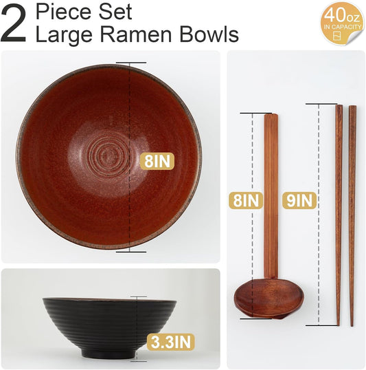 8 Inch Ceramic Ramen Bowl Set of 2, 40oz Japanese Bowls with Spoons & Chopsticks,Durable,Microwave & Dishwasher Safe,Perfect for Ramen,Pho,Salad,Soup,Noodles,Mixing bowls(Carnelian)