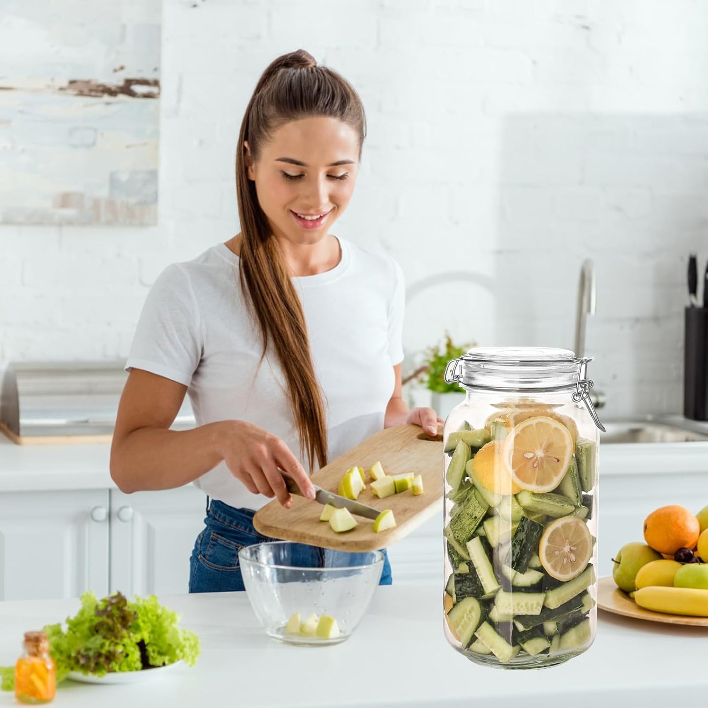 78oz Glass Food Storage Jars with Airtight Clamp Lids, 3 Pack Wide Mouth Large Kitchen Canisters for Flour, Cereal, Beans, Pasta and Canning, Square Mason Jar with Labels