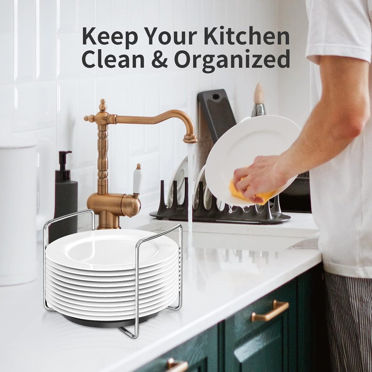 Wisuce Dish Racks for Kitchen Countertop Organizer - Bamboo Plate Holder Adjustable Size | Stainless Steel 304 Portable Handle for Kitchen Drawer Countertop Cupboard Shelf