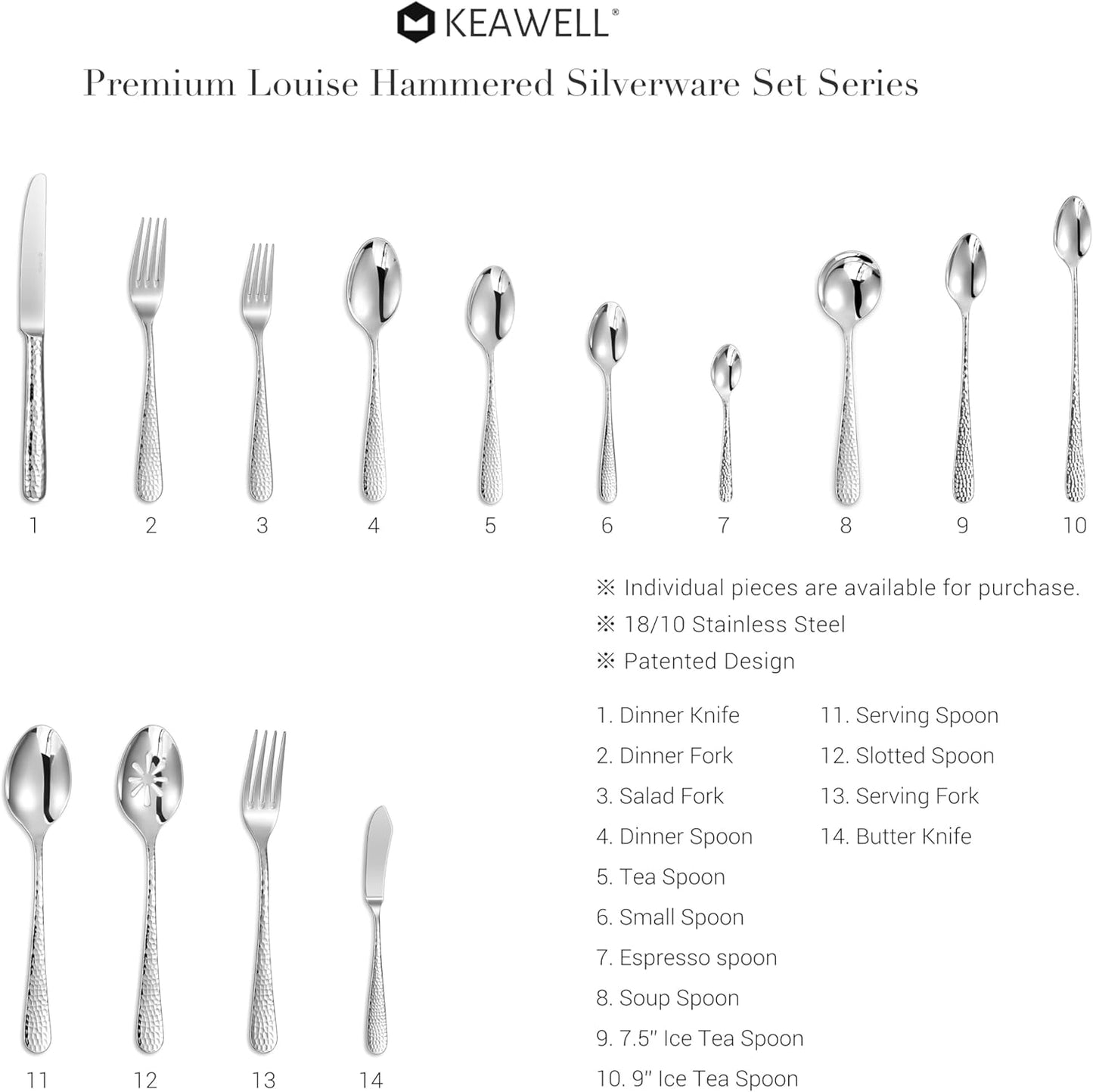 KEAWELL Premium 20/45/65 Piece Louise Hammered Silverware Set with Round Edge, 18/10 Stainless Steel, Service for 4/8/12, Fine Flatware Set, Dishwasher Safe (20)