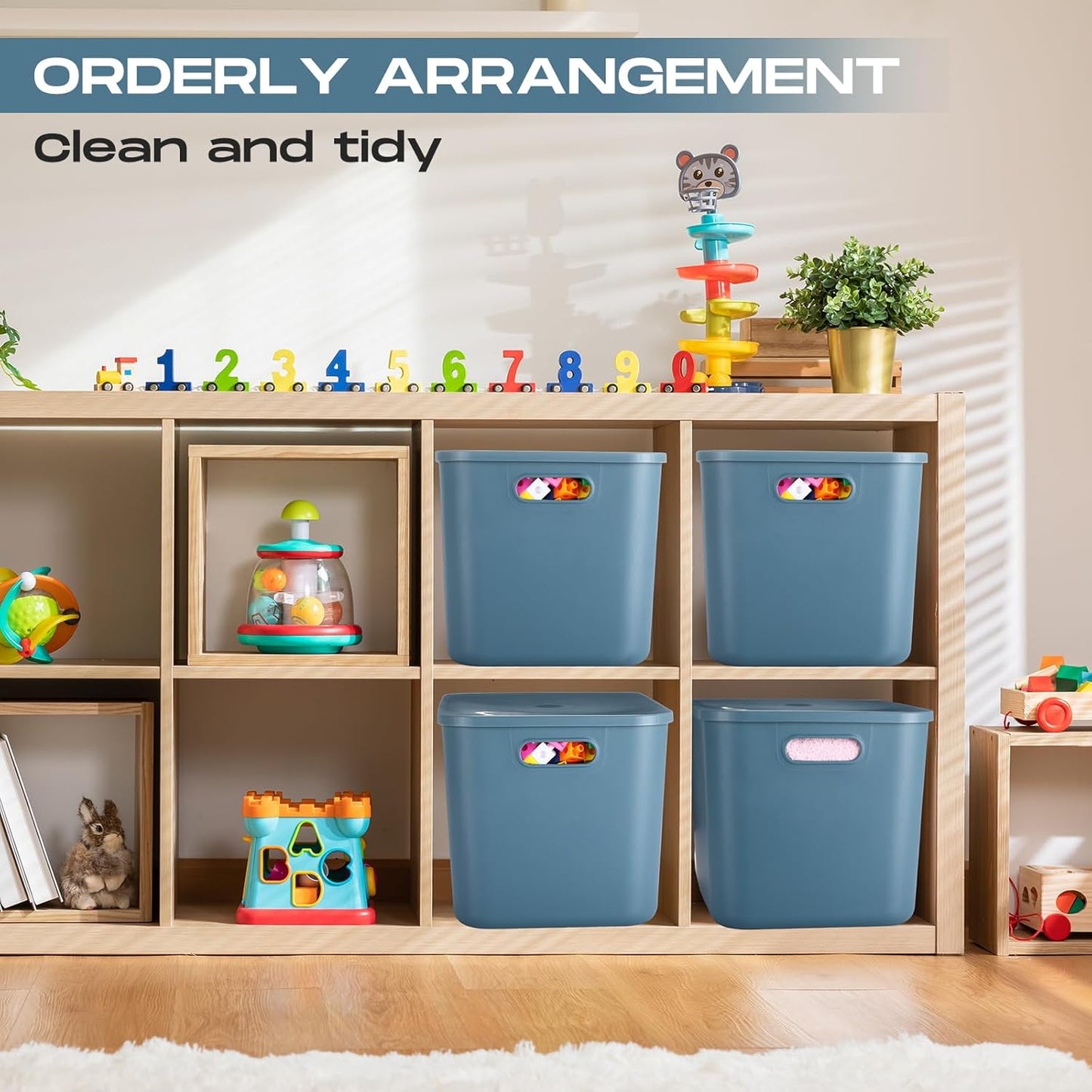 Hoolerry 8 Pieces Colorful Storage Bins with Lid, Plastic Storage Basket Organizing Container Stackable Box with Handle for Shelves Desktop Playroom Office(14.2 x 10.2 x 9.5 Inch,Blue)