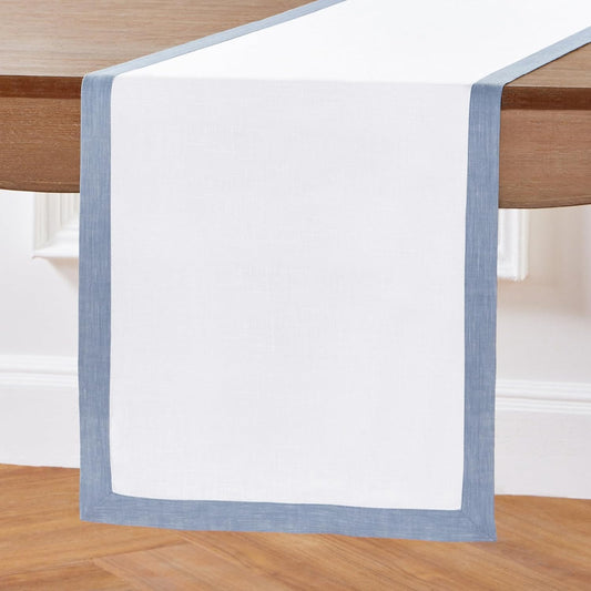 Solino Home Linen Table Runner 108 Inches Long - 100% Pure Linen Chambray Blue and White Table Runner 14 x 108 Inch - Classic