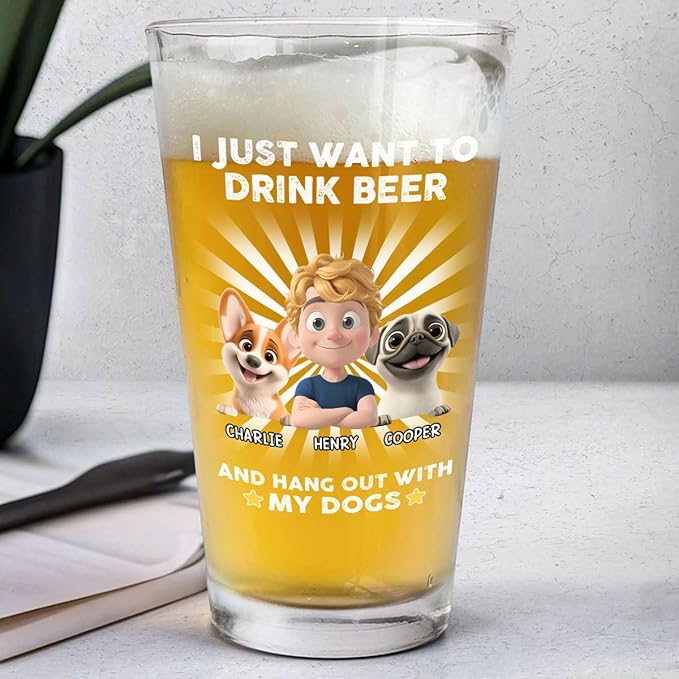 Wrappiness Dog Dad Personalized Beer Glass - I Just Want To Drink Beer and Hang out With My Dog, Cute Cup for Men Pet Lovers, Custom Chibi Art and Breeds, Fathers Day Birthday Gifts for Him