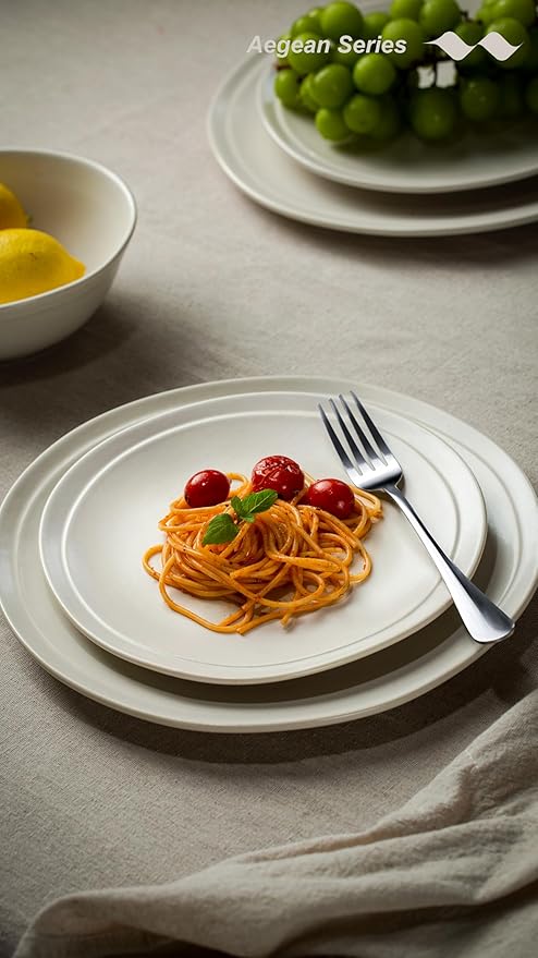 Famiware Aegean Dinnerware Set for 4, Plates and Bowls Sets, 12-Piece Stoneware Scratch Resistant Dinner Set, Handmade Irregular Round Dishes, Microwave and Dishwasher Safe, Matte White