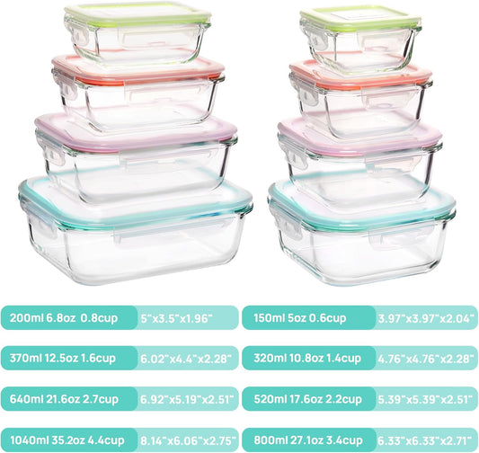 Vtopmart 8 Pack Glass Food Storage Containers with Airtight Lids, Glass Meal Prep Containers, Lunch Containers for Microwave, Oven, Freezer and Dishwasher, BPA Free