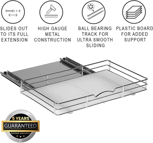 Pull Out Cabinet Organizer for Spices, Cans - Heavy Duty with Lifetime Limited Warranty- Pull Out Spice Rack- Cabinet Pull Out Shelf for Cans,Dishes, Etc, 18-3/8"Wx 10-1/2"D x 2-3/4” H, Chrome