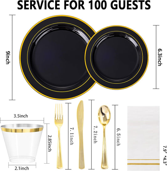 GATHER 700PCS Black Plastic Plates - Gold Disposable Plastic Dinnerware Set Include 200 6.3inch/9inch Black Plates, 300 Silverware, 100 Napkins, 100 Cups for Party & Wedding & Halloween