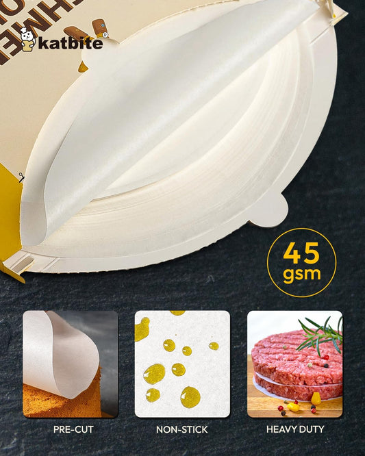 Katbite Heavy Duty Parchment Rounds 10 Inch, 200Pcs Round Parchment Paper Rounds, Use for Cake Baking, Air Fryer Liners, Separating Frozen Patty, Toaster Oven, Tortilla Press