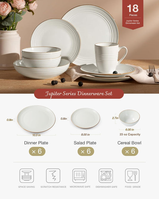 Famiware Jupiter Dinnerware Set, Plates and Bowls Dish Sets for 6 (18 Pieces), Microwave and Dishwasher Safe Stoneware Speckled Tableware, Chip and Scratch Resistant, White