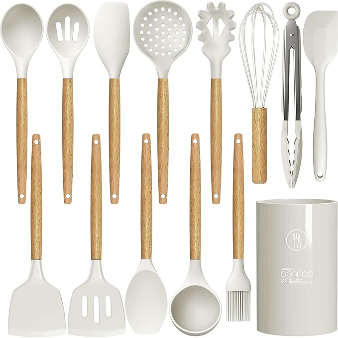 Silicone Cooking Utensils Set - 446°F Heat Resistant Silicone Kitchen Utensils for Cooking,Kitchen Utensil Spatula Set w Wooden Handles and Holder for Non-Stick Cookware (Cream White)