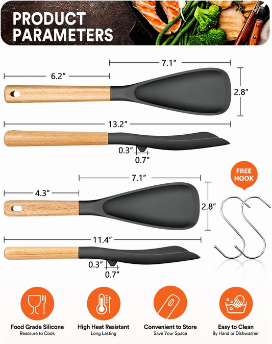 Multifunction Spatula Spoon for Nonstick Cookwares, Great for Cooking and Serving, Sturdy BPA-Free Matte Silicone, Wood Handle Spatula for Mixing, Scoop, and Scrape, Grey(2 pack,11.4" & 13.4")