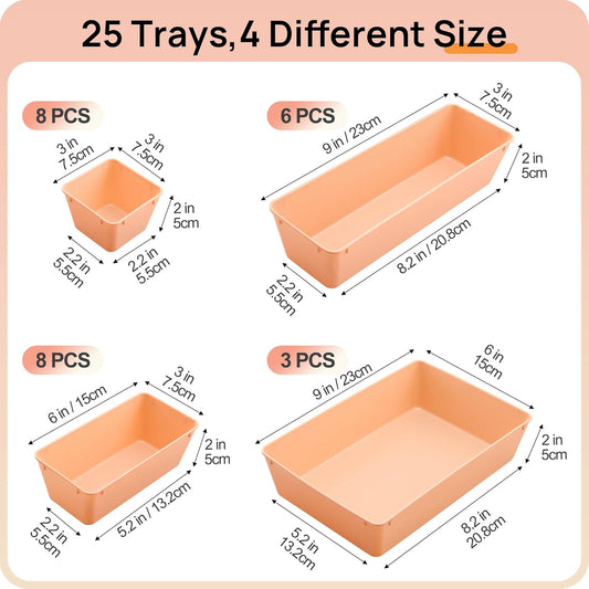 Vtopmart 25 PCS Plastic Drawer Organizers Set, 4-Size Versatile Bathroom and Vanity Drawer Organizer Trays, Storage Bins for Makeup, Bedroom, Kitchen Gadgets Utensils and Office