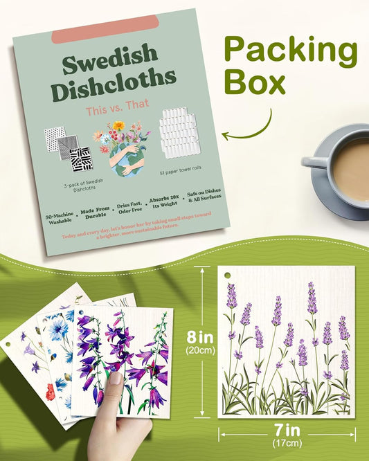 6 Pack Swedish Dishcloths for Kitchen - Reusable Dish Cloths for Washing Dishes Absorbent Cute Funny Kitchen Towels Cleaning Sponge, Lavender Flower