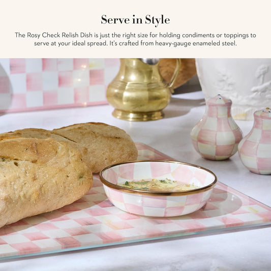 MACKENZIE-CHILDS Enamel Relish Dish, Small Serving Bowl for Entertaining, Pink-and-White Rosy Check