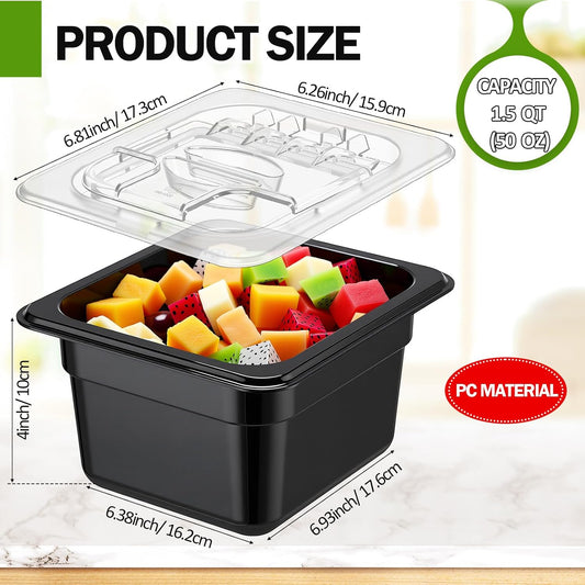 Geetery 12 Pack 4'' Deep Polycarbonate Food Pan with Lid Stackable Plastic Pan Restaurant Food Storage Containers with Hinged Lids for Hotel Supplies (Black)
