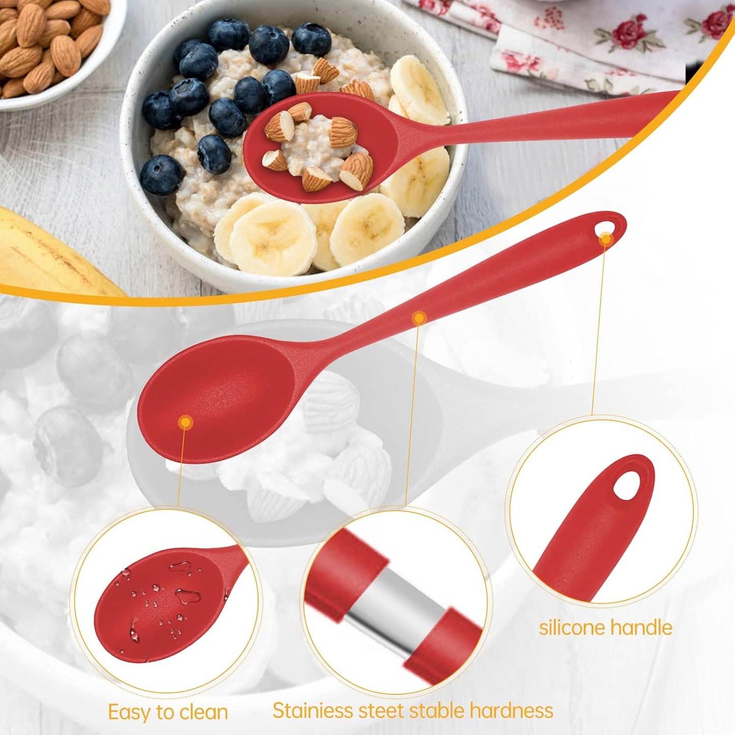 2 Pcs Silicone Nonstick Mixing Spoon, Silicone Spoons for Cooking Heat Resistant, Cooking Utensil for Kitchen Cooking Baking Stirring Serving (Red,Black)