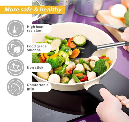 3Piece Silicone Spatula Set, Non Stick Slotted Kitchen Spatulas, High Heat Resistant BPA Free Cooking Utensils, Ideal Cookware for Fish, Eggs, Pancakes(black)