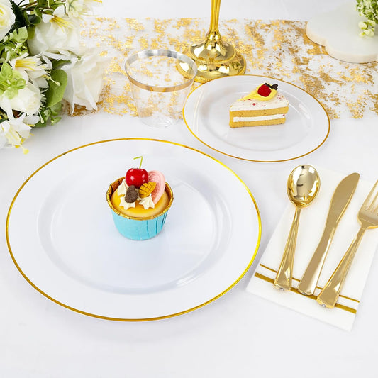 SUT 350 PCS Elegant White and Gold Disposable Dinnerware Set - Premium Dinner & Salad Plates, Cups, Napkins & Cutlery for 50 Guests - All-Inclusive Party Plastic Plates