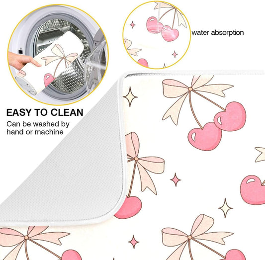 Cute Cherry Bow Dish Drying Mat for Kitchen Counter Absorbent Dish Drainer Mats Drying Pads 16"x18"