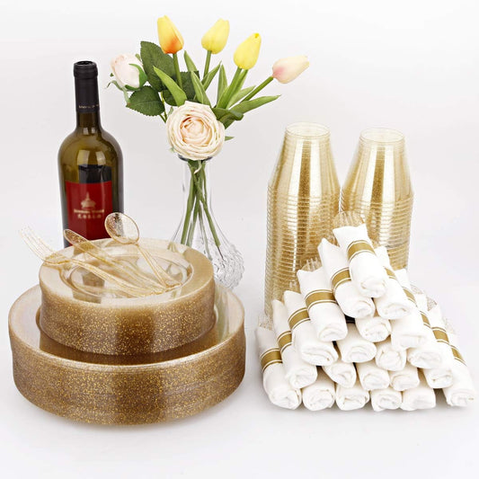 DaYammi 350 Pieces Gold Glitter Dinnerware Set 50 Guest for Party Thanksgiving Plates Disposable - 50 Dinner Plates, 50 Dessert Platos -50 Per Rolled Napkins with Gold Cutlery -50 Disposable Cups 9 OZ