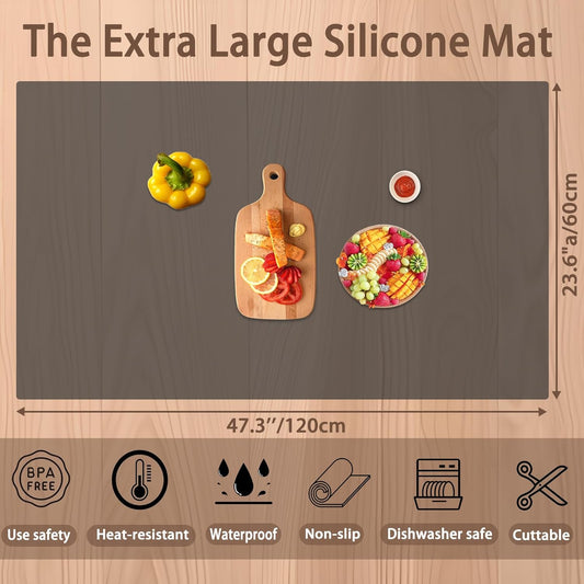 47.3''x23.6''(120cmx60cm) Extra Large Silicone Mat for Kitchen Counter, 1.5MM Thick Non-Slip Heat Resistant Countertop Protector, Waterproof Durable Kitchen Mat for Countertops, Translucent Red