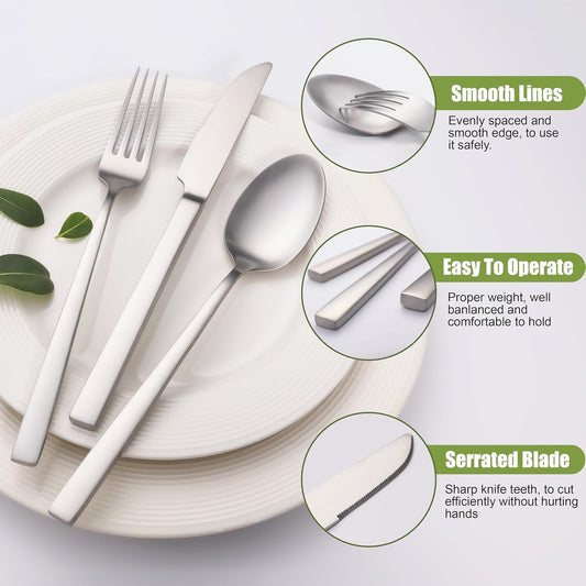 Forged Silverware Set for 8, 40-Piece Stainless Steel Matte Satin Finish Flatware Set Silverware Cutlery Set Tableware Modern Kitchen Utensils Set for Home Restaurant, Dishwasher Safe