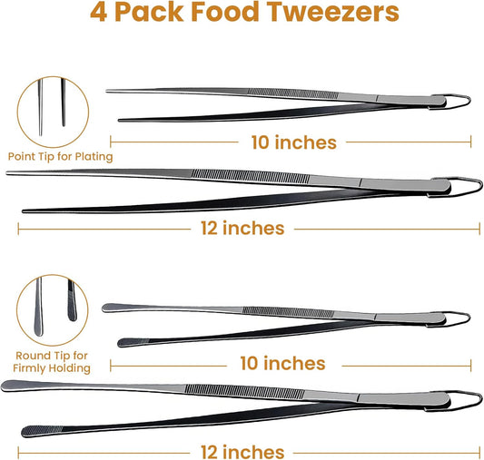 GEEKHOM 4 Pcs Kitchen Tweezer Tongs Set, 12 & 10 Inch Black Stainless Steel, Long & Short Food Tweezers for All-Purpose Cooking & BBQ