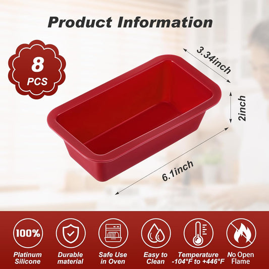8 Pcs Silicone Mini Loaf Pan Silicone Bread Loaf Pan Rectangle Baking Molds Non Stick for Mini Cake, Homemade, Bread and Meatloaf, Red 6.1 x 3.3 x 1.8 Inch