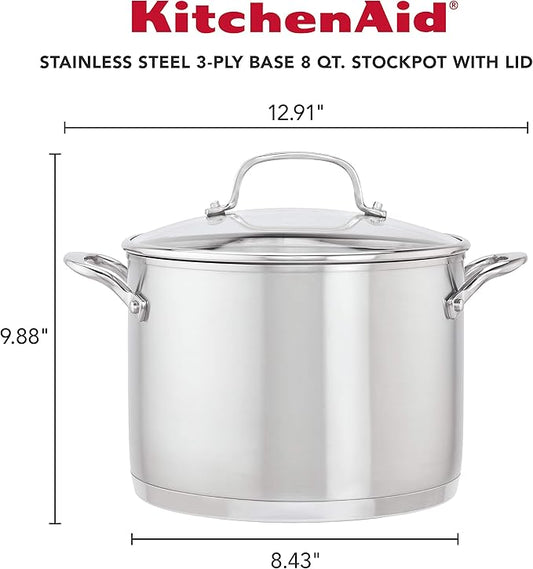 KitchenAid 71003 3-Ply Base Brushed Stainless Steel Stock Pot/Stockpot with Lid, 8 Quart