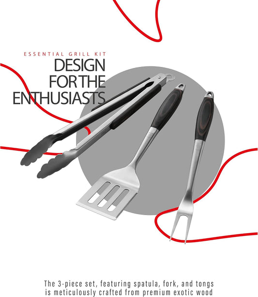 Stainless Steel BBQ Tool Set | Dark-Dyed Wood Handles | Heavy Duty Grilling Accessories | 3-Piece Outdoor Barbecue Grill Utensil Set with Spatula, Fork, and Tongs - Ideal Gift for Men…