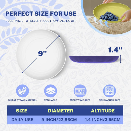 Homienly Deep Dinner Plate Wheat Straw Plates Set - 9 inch Alternatives to Plastic Plate Microwave Safe Plate with Textured Pattern, Unbreakable Plates for Kitchen Set of 4 - Mondrian Colors