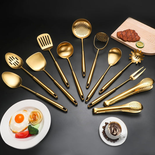 304 Stainlss Steel Matte Kitchen Utensils Set, 12 Pcs Long Metal Cooking Utensil Gadgets Tools Set with Spatula, Ladle, Spoon, Ladle, Skimmer, Tunner, Pasta Server, Tongs(Gold, Dishwasher Safe)