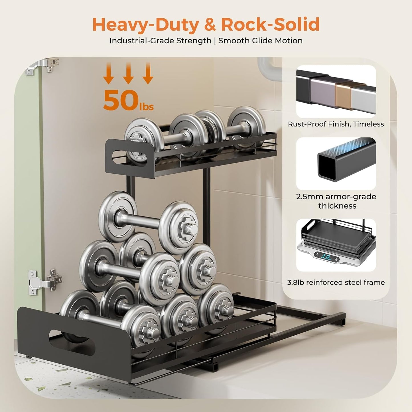 Delamu 2 Pack Metal Bathroom Organizers and Storage, 2 Tier Pull Out Under Sink Organizer with 2 Small Baskets, Adjustable Under Sink Shelf for Multipurpose Cabinet Organizer, Black