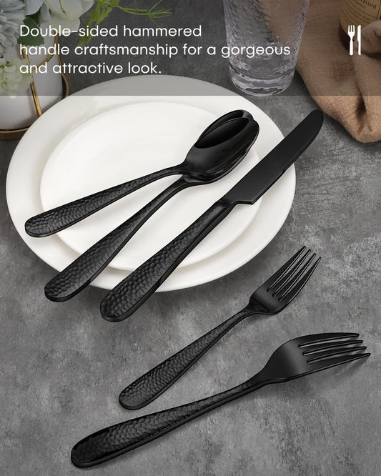 Hammered Silverware Set, Ollex 40-Piece Black Flatware Set for 8 Mirror Finish Stainless Steel Eating Utensils Sets Include Forks Spoons and Knives Tableware Kitchen Cutlery Sets, Dishwasher Safe