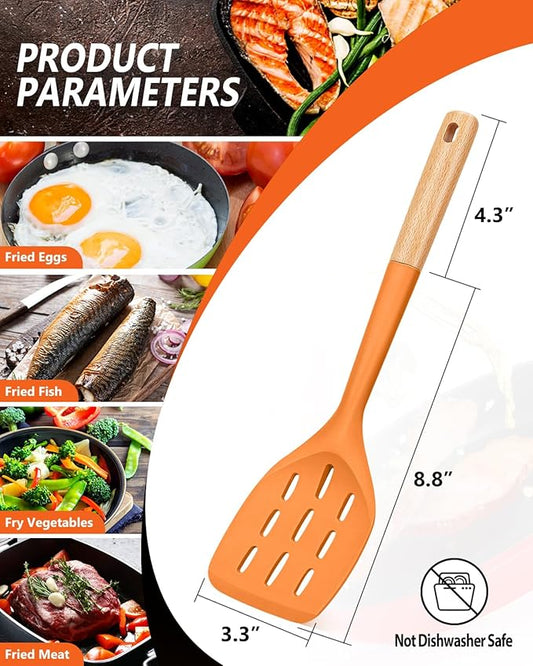 Pack of 2 Silicone Spatula, Non Stick Cooking Utensil Set, Wooden Handle Kitchen Turner for Baking Mixing Grilling Serving Food Heat Resistant (ORANGE)