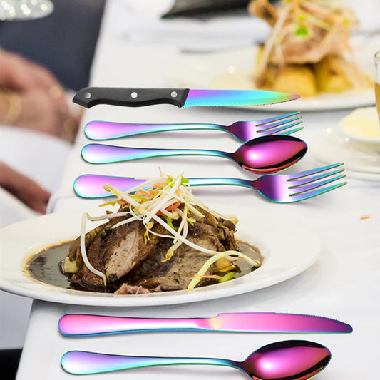 Rainbow Silverware Set For 4 Cutlery Stainless Steel Flatware 24 Piece Colorful Knives Fork Spoon Dishwasher Safe Eating Utensils For Festival Parties Restaurant