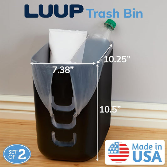 STORi Luup Bathroom Wastebasket 2pk, Secure Grocery Bags, Plastic Garbage Container for Vanity, Laundry Room, Kitchen, Office, 2.5 Gallon, Black, Made in USA