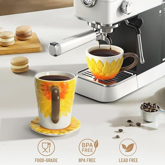 Ceramic Coffee Mug Set of 2-Sunflower Coffee Cups Sets Include 15 oz Large Coffee Mug,9 oz Wide Cappuccino Cup with a Saucer,3D Novelty Coffee Cups for Tea,Latte,Hot Cocoa,Milk,Unique Gifts for Women