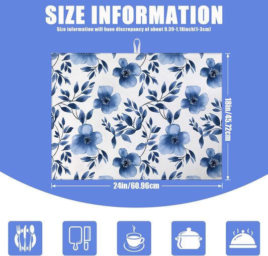 Blue Floral Dish Drying Mat for Kitchen Counter Flower Leaves Drying Pad Absorbent Reversible Dish Drainer Rack Mats Draining Pad 18"x24"Inch