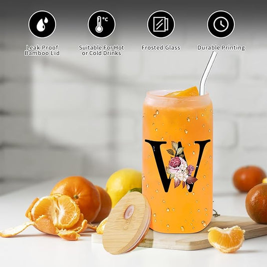 Monogrammed Glass Drinking Cup With Lid Straw Women Men Teacher Christmas Gifts Music Dance Science Daycare Special Education Need English History Sunday School Spanish Autism Reading Gym,W