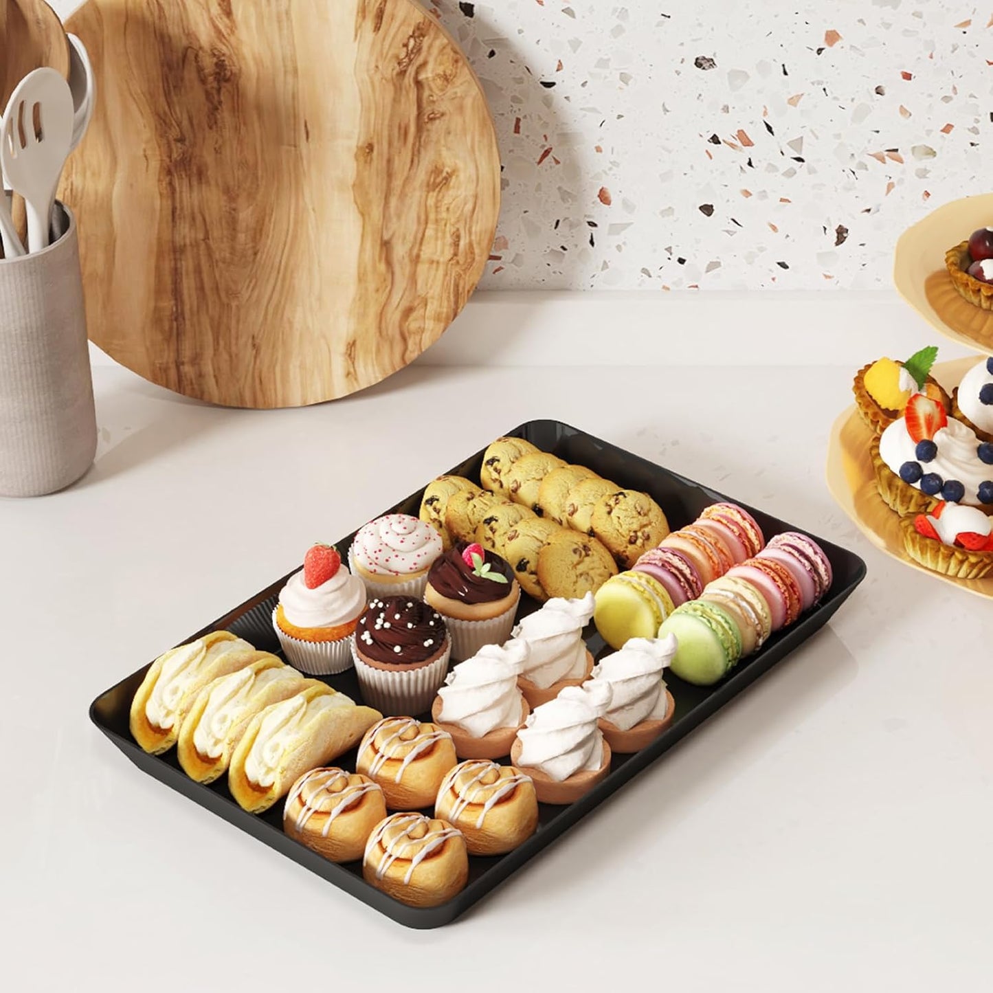 Lifewit Plastic Serving Tray 4 pcs, 15" x 10" Reusable Platters for Party, Black Crack-Proof Tray for Fruit, Veggie, Snack, Cookies, Desserts in Kitchen/Pantry